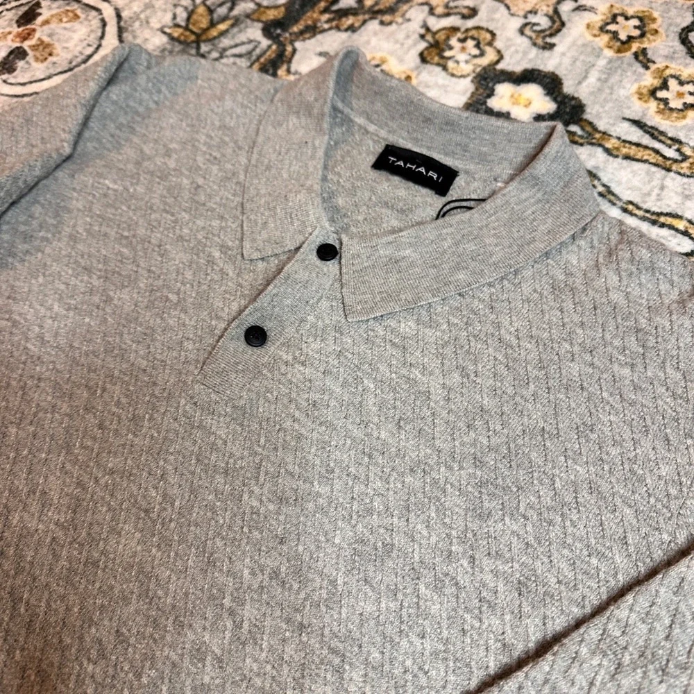 Tahari Wool Blend Gray Polo Long Sleeve Sweater Mens Small‎ NWT